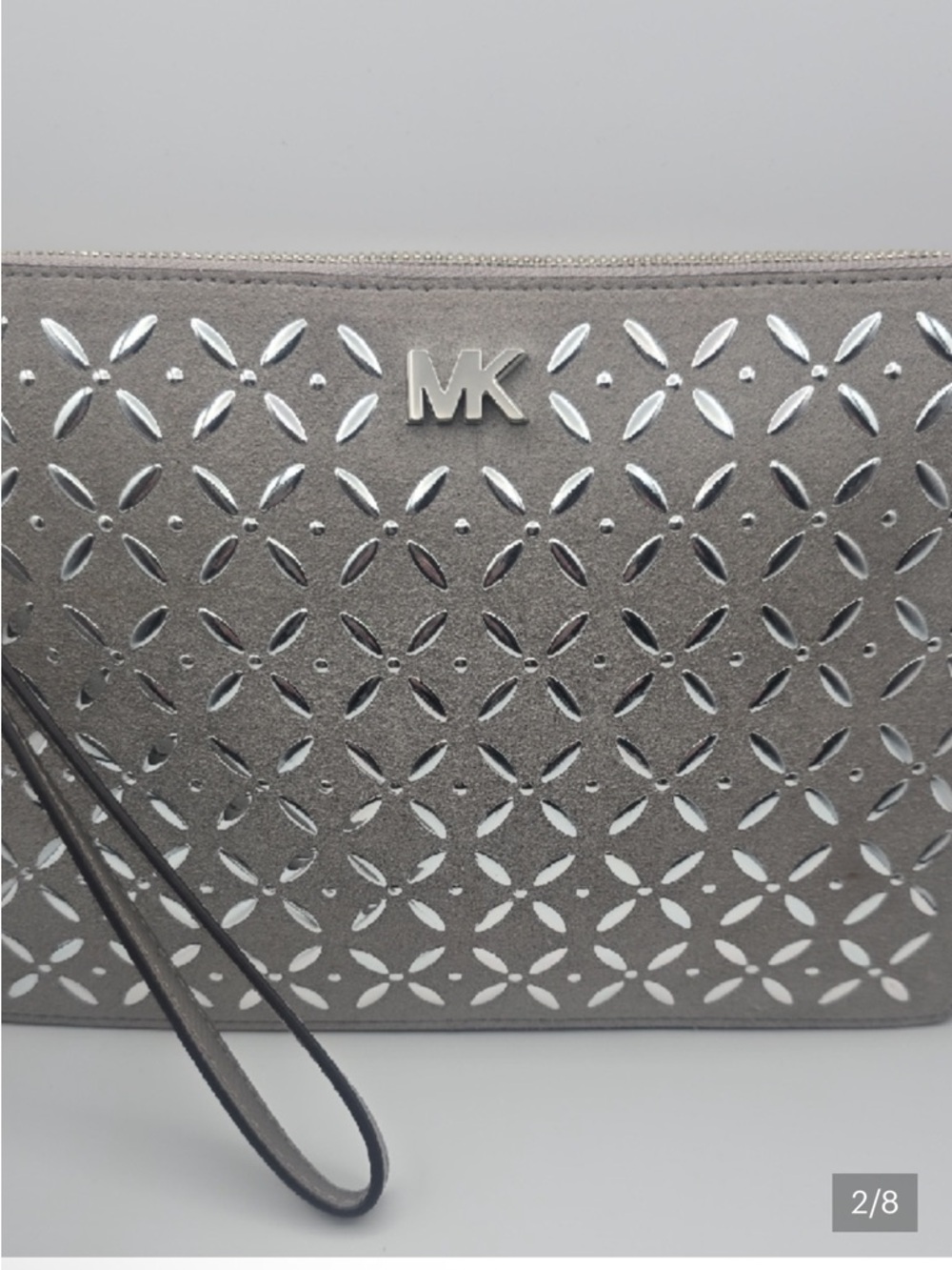 Michael Kors Silver Laser Cut Floral Wristlet Clutch Large NWOT - Picture 2 of 6